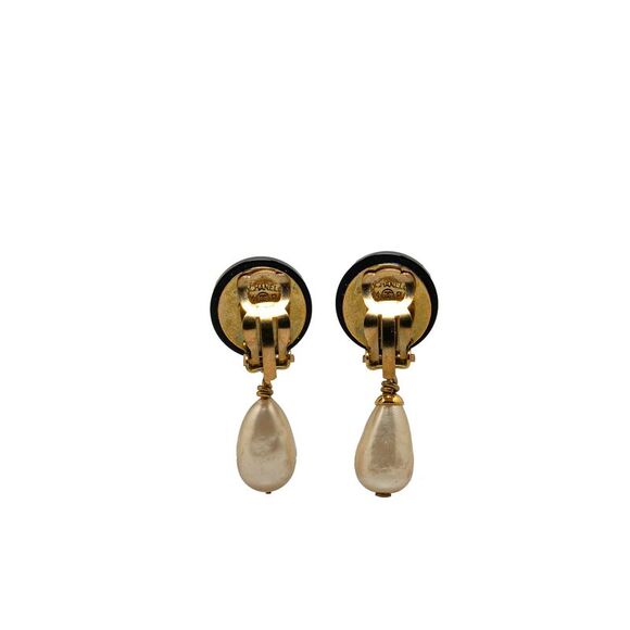 Pre Loved Chanel Gold Plated CC Dangling Faux Pearl Clip on Earrings - Picture 2 of 4